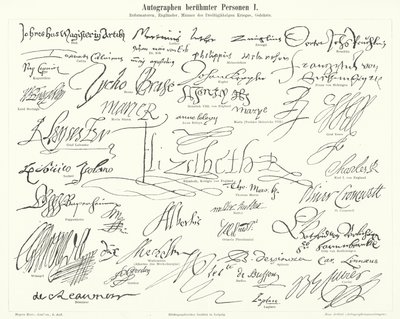 Autographes de personnes célèbres : figures marquantes de la Réforme protestante, de la Grande-Bretagne, de la guerre de Trente Ans et des scientifiques (gravure) - German School
