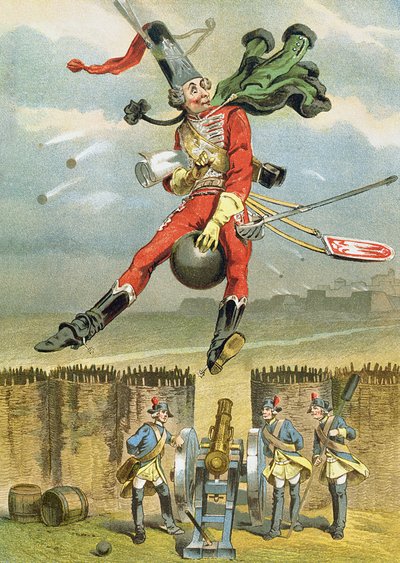 Baron de Münchhausen volant au-dessus des lignes ennemies sur un boulet de canon, illustration d