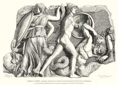 Bataille entre les dieux et les titans et géants, relief grec antique de Pergame - German School