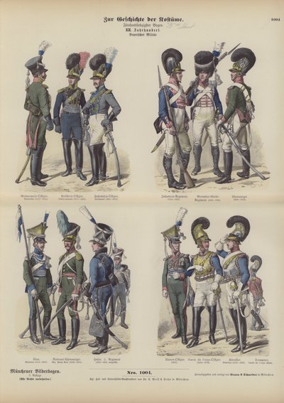 Uniformes militaires bavarois, début du XIXe siècle (gravure en couleur) - German School