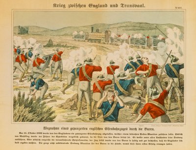 Les Boers saisissent un train blindé anglais pendant la deuxième guerre des Boers, près de Maseking, 14 octobre 1899, publié par C. Burckhardts Nachf, Weissenburg, 1899 - German School