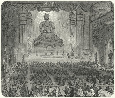 Bouddhistes adorant dans un monastère à Pékin - German School