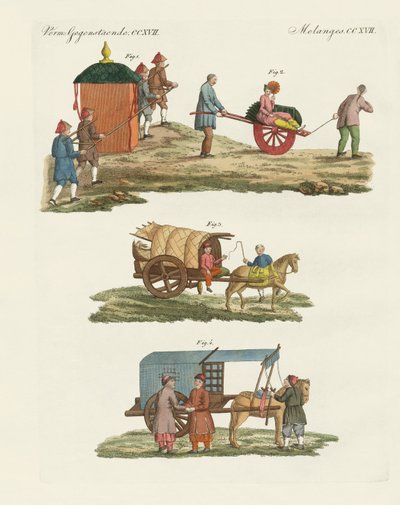 Chariot et mode de voyage en Chine (gravure en couleur) - German School