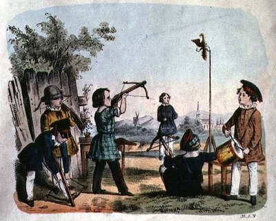 Enfants tirant sur une cible avec une arquebuse, vers 1860 - German School