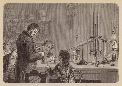 Enfants regardant une expérience scientifique (gravure) - German School
