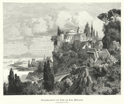 Littoral de la baie de Naples depuis la ville romaine antique de Baiae, Cap Misène, avec le Vésuve au loin - German School