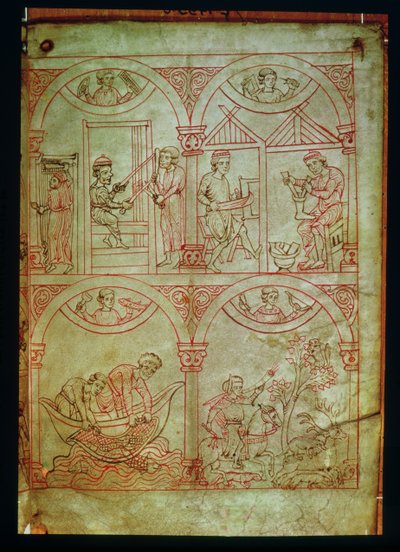Codex 507 fol.2r Tisserand, cordonnier, pêcheurs et chasseur, du Renner Musterbuch, vers 1208-18 - German School