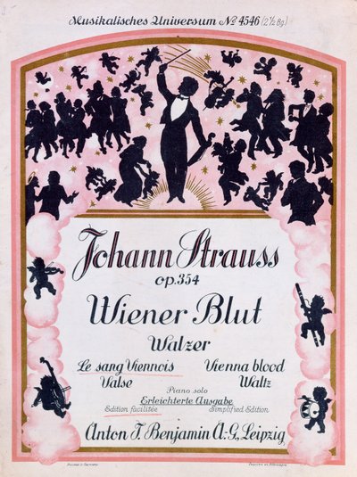 Couverture de la partition de la célèbre valse Wiener Blut op.354 de Johann Strauss II, 1930 - German School