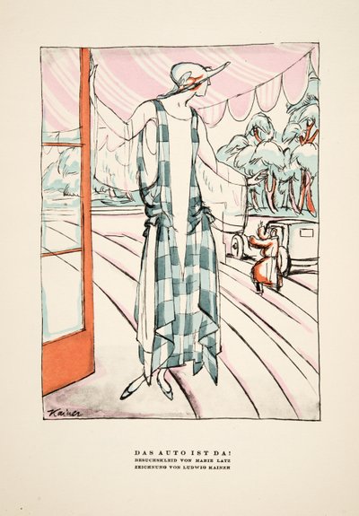 "Das Auto Ist Da !", publicité pour la robe de Marie Latz, tirée de Styl, pub.1922 (impression sur pochoir) - German School