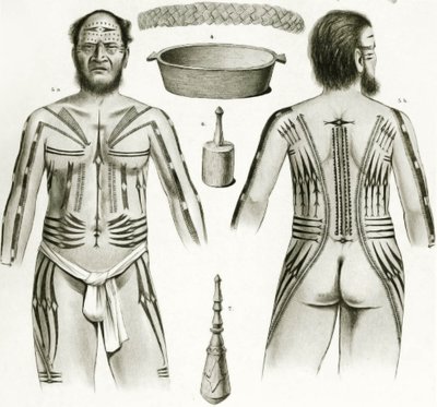 Diagramme montrant divers artefacts et motifs de tatouage polynésiens, 1888 - German School