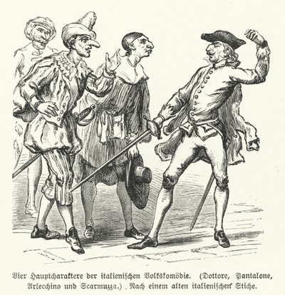 Dottore, Pantalone, Arlecchino et Scaramuccia, quatre personnages de la Commedia dell