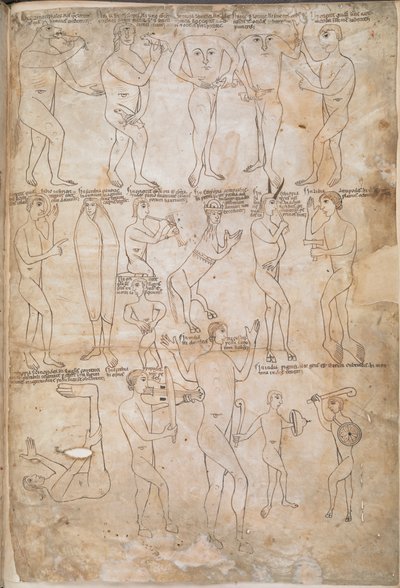 Dessins des dix-sept races monstrueuses, y compris les géants, les pygmées, les blemmyae et les donestre, illustration de 