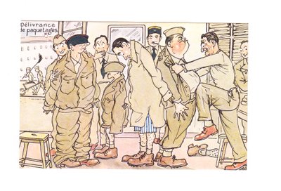 Carte postale humoristique édouardienne de nouvelles recrues examinées dans une station de l