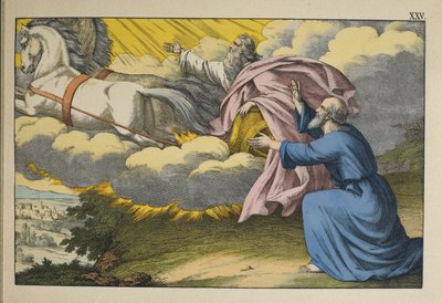 Élie monte au ciel dans un tourbillon laissant son disciple Élisée continuer son œuvre, illustration de L