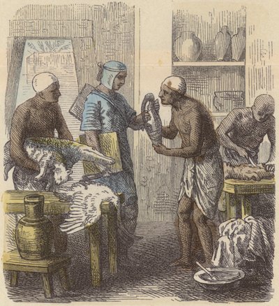 Embaumement des animaux en Égypte ancienne (gravure en couleur) - German School
