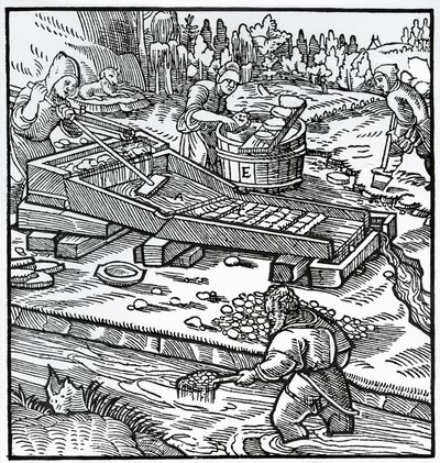 Gravure de De re metallica (Sur la nature des métaux), par Georg Pawer ou Georgius Agricola (1494-1555) - German School