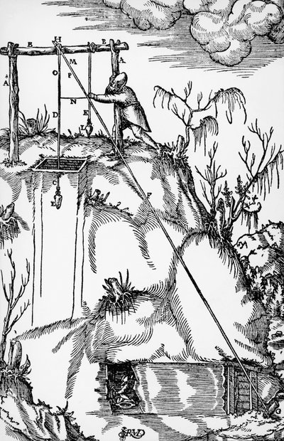 Gravure de De re metallica (Sur la nature des métaux), par Georg Pawer ou Georgius Agricola (1494-1555), publiée à Bâle - German School