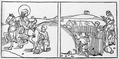 Épisodes de la vie de Saint Martin. Gravure du « Leben der Heiligen - sommerteil » (Le livre des saints) par Jacobus (James) de Voragine (1228-1298). Lübeck 1488 - German School