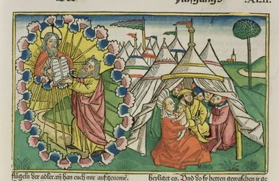 Exode 20:1-5 Moïse recevant les Dix Commandements, de la Bible de Nuremberg (Biblia Sacra Germanaica) - German School