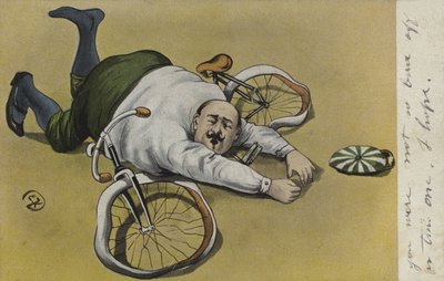 Homme gros, tombé de son vélo (lithographie en couleur) - German School