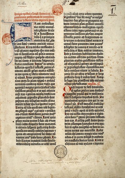 Première page de la Bible en latin (vulgate) de Gutenberg préparée à Mayence 1452 - 1454. Le début de l