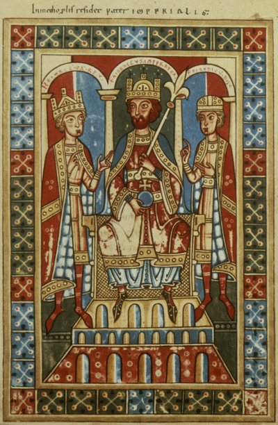 Frédéric Ier avec ses deux fils le roi Henri VI et le duc Frédéric, vers 1180 - German School