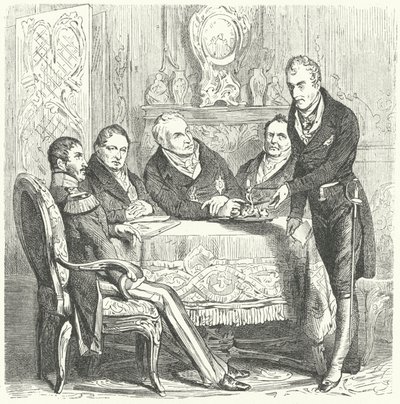 Frédéric-Guillaume III de Prusse en discussion avec son Premier ministre, Karl August von Hardenberg, et Klemens von Metternich, ministre des Affaires étrangères autrichien - German School