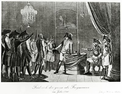 Frédéric le Grand reçoit son beau-frère, Frédéric, margrave de Brandebourg-Bayreuth, en tant que franc-maçon à Berlin en 1740 - German School