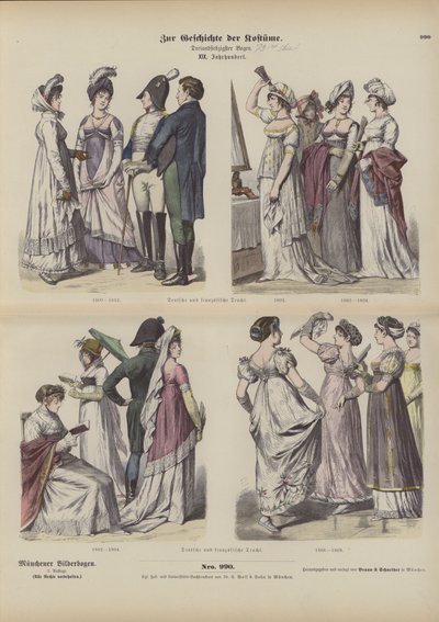Costumes français et allemands, début du 19e siècle (gravure en couleur) - German School