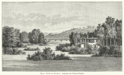 Conception de jardin : parc de Muskau, Allemagne, aménagé par le prince Hermann von Pueckler-Muskau (gravure) - German School