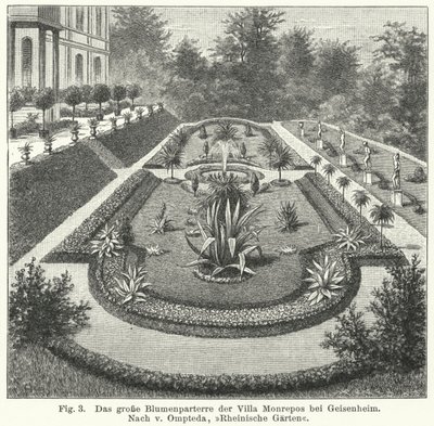 Conception de jardin : grand parterre à Monrepos, domaine du banquier et astronome amateur Heinrich Eduard von Lade, Geisenheim, Allemagne (gravure) - German School