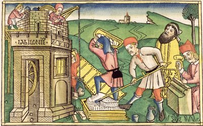 Genèse 11:1-9 Construction de la Tour de Babel, de la Bible de Nuremberg (Biblia Sacra Germanaica) - German School