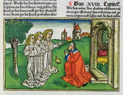 Genèse 18:2 Abraham et les Trois Anges, de la Bible de Nuremberg (Biblia Sacra Germanaica) - German School