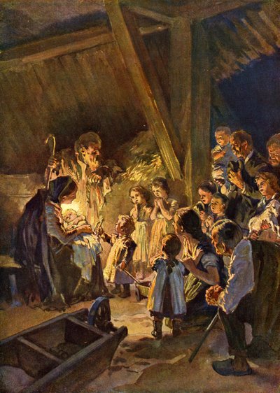 Scène de Noël allemande avec des enfants, vers 1908 (impression) - German School