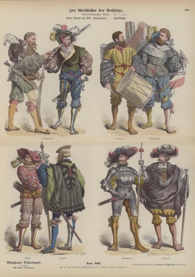 Landsknechte allemands (soldats mercenaires), début du 16e siècle (gravure en couleur) - German School