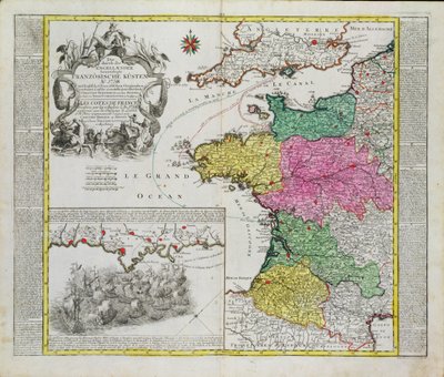 Carte allemande montrant les attaques navales anglaises sur les ports français en 1758 - German School