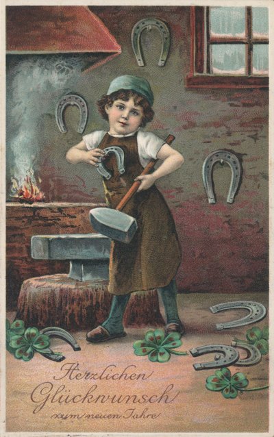 Carte de vœux allemande pour le Nouvel An (lithographie en couleur) - German School