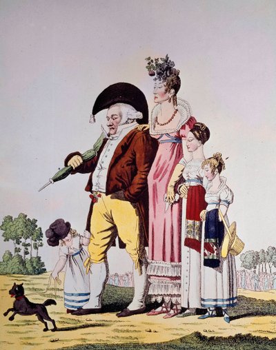 Bourgeois allemand en promenade dominicale. Caricature représentant une famille allemande en tenue du dimanche. Gravure du XIXe siècle. Berlin. Kunstbibliothek - German School