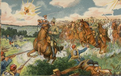 Cavalerie allemande sous le commandement du prince héritier Wilhelm attaquant les troupes françaises près de Longwy, France, Première Guerre mondiale. - German School