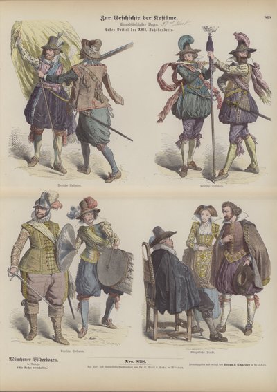 Costumes militaires et bourgeois allemands, début du 17ème siècle (gravure en couleur) - German School