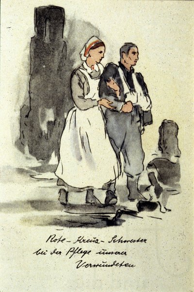 Infirmière allemande soutenant un homme blessé. 1942. - German School