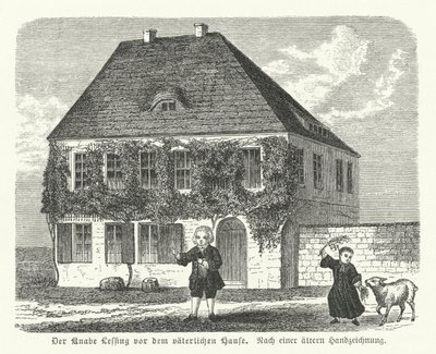 Le philosophe et dramaturge allemand Gotthold Ephraim Lessing devant la maison de son père à Kamenz, enfant (gravure) - German School