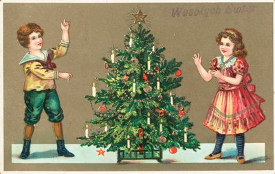 Fille et garçon avec arbre de Noël - German School