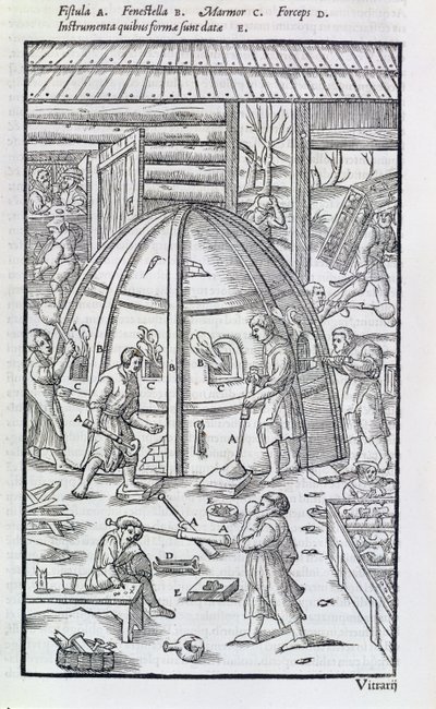 Travail du verre, illustration montrant le four à marbre et les souffleurs de verre - German School