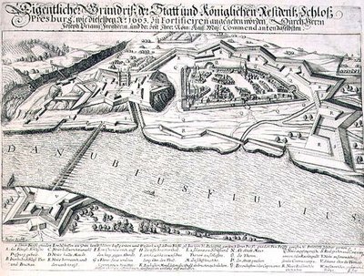Plan du sol de la ville et du château de Pressburg et de ses fortifications en 1663, illustration d