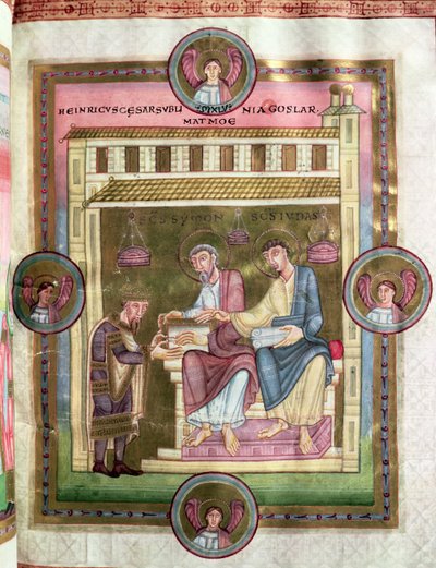 Henri III (1017-56) avec les Apôtres Simon et Jude, du Codex Caesareus Upsaliensis, c.1045 - German School