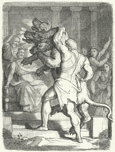 Héraclès apportant Cerbère au roi Eurysthée - German School