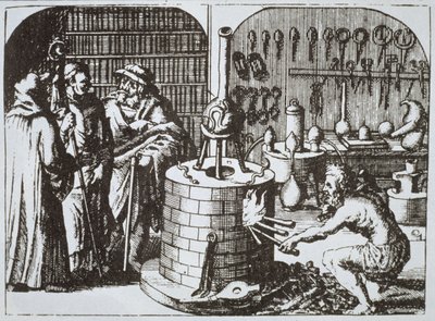 Philosophes hermétiques et un alchimiste, du Museum Hermeticum par Michael Majer (1625) illustré dans une histoire de la magie publiée à la fin du 19e siècle - German School