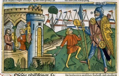 1 Samuel 17:1-58 David vainc Goliath et rencontre Saül, de la Bible de Nuremberg (Biblia Sacra Germanaica) - German School