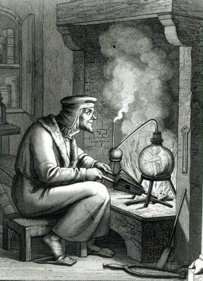 Illustration du Faust de Goethe représentant Méphistophélès créant un homoncule, 1854 - German School
